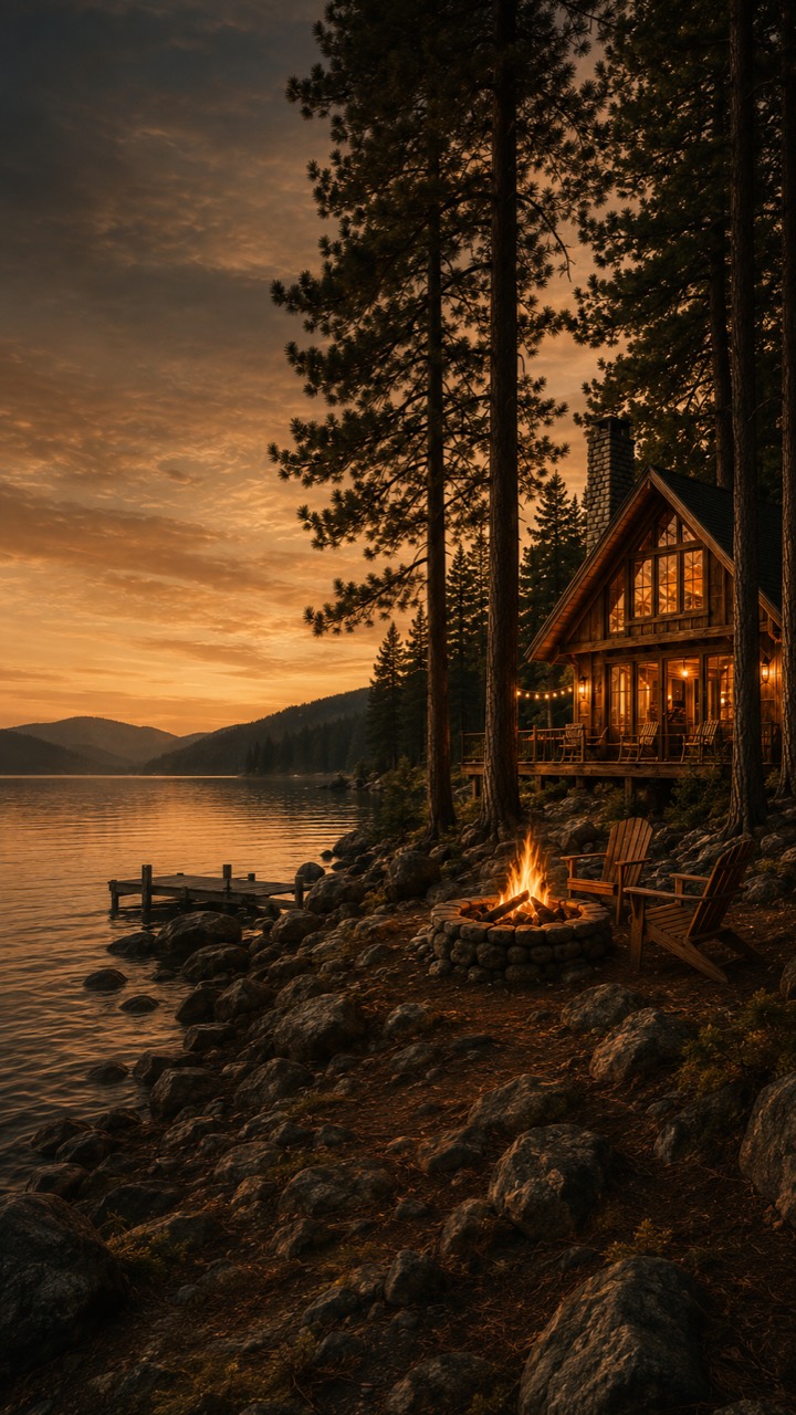 Lakeside cabin at sunset
